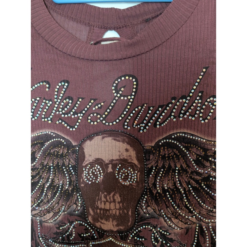 Harley-Davidson Womens Burgundy Rhinestone Winged Skull Lace Up Back L/S Shirt - Picture 11 of 15